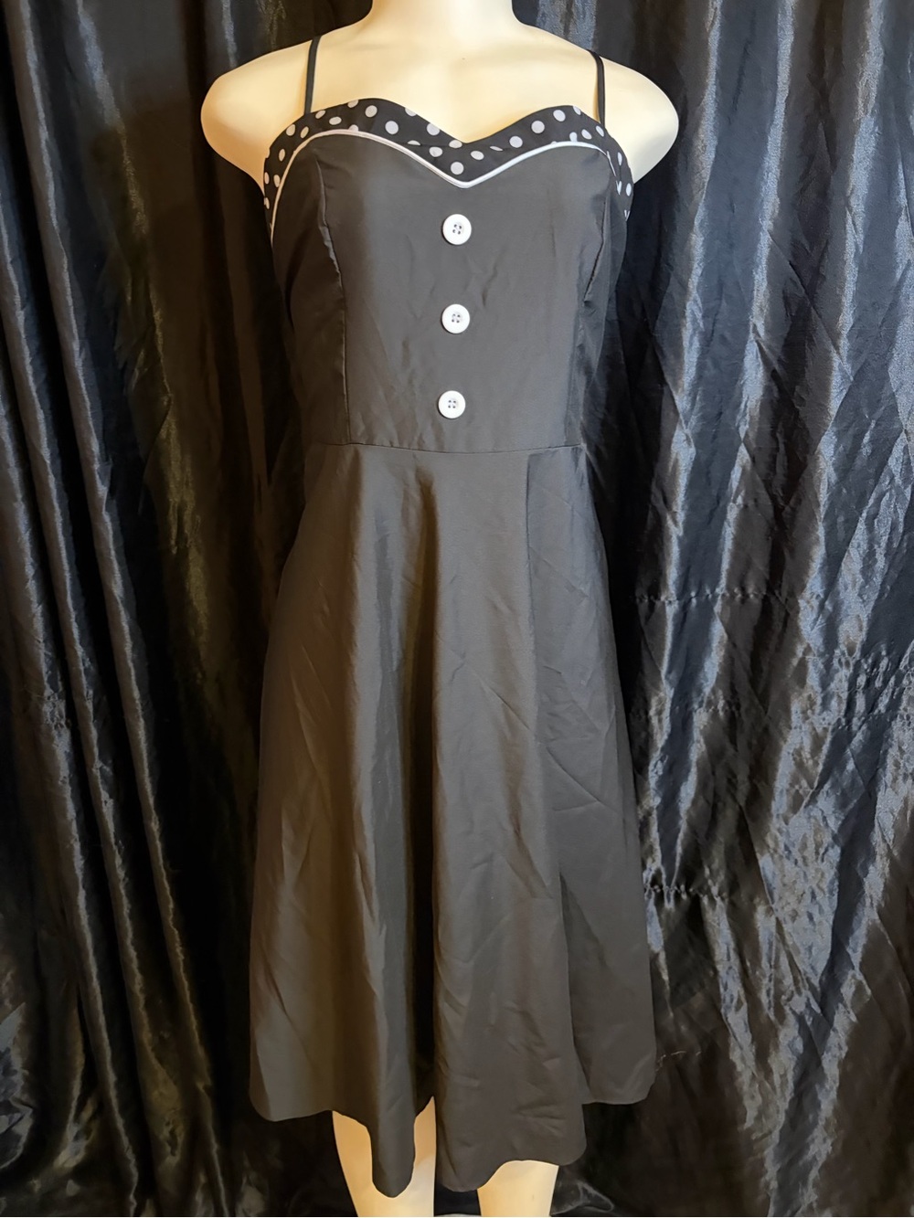 Rosegal Black Polka Dot-Trim Midi Dress with Spaghetti Straps